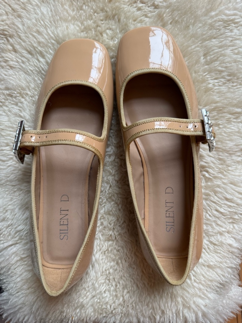 SILENT D Patent Mary Jane Flats in Beige